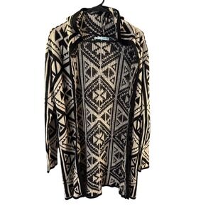 Maurices Womens Black Cream Geometric Hooded Open Front Cardigan Sweater M Good